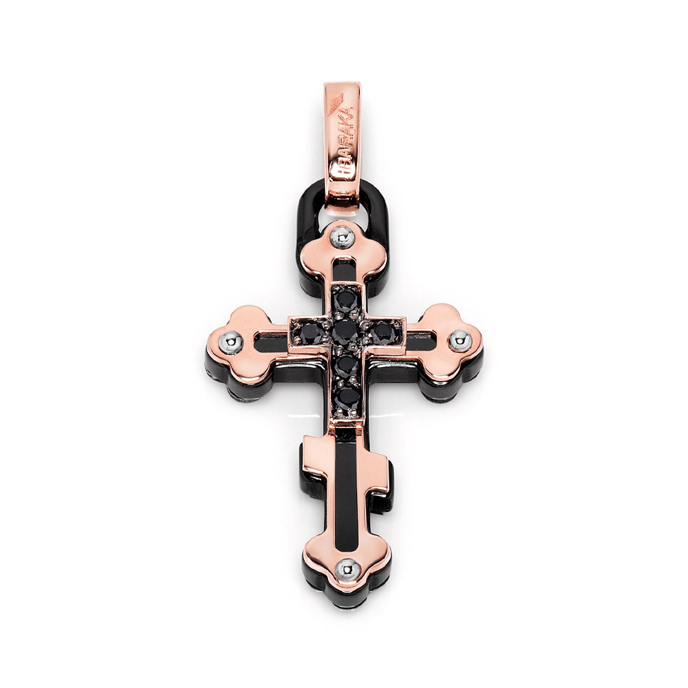 Barakà - Croce In Oro Rosa, Oro Bianco E Ceramica Nera Con Diamanti Neri