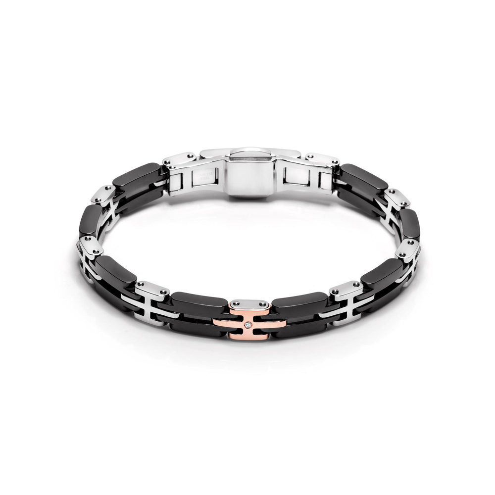 BARAKA' - BRACCIALE IN CERAMICA NERA, ACCIAIO, ORO ROSA CON DIAMANTE