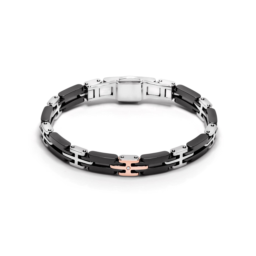 Baraka' - Bracciale In Ceramica Nera, Acciaio, Oro Rosa Con Diamante