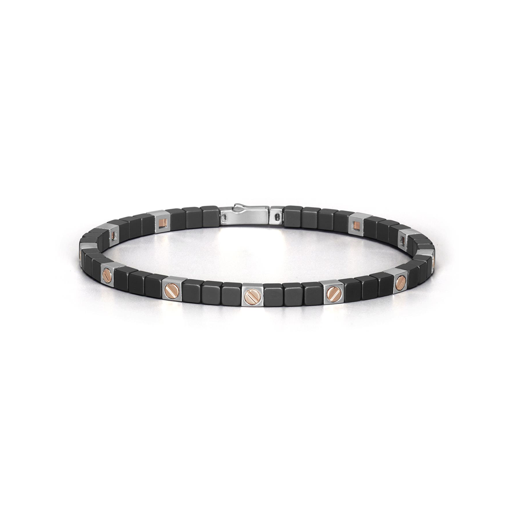 Barakà - Bracciale in acciaio, oro rosa e ceramica nera | 18cm