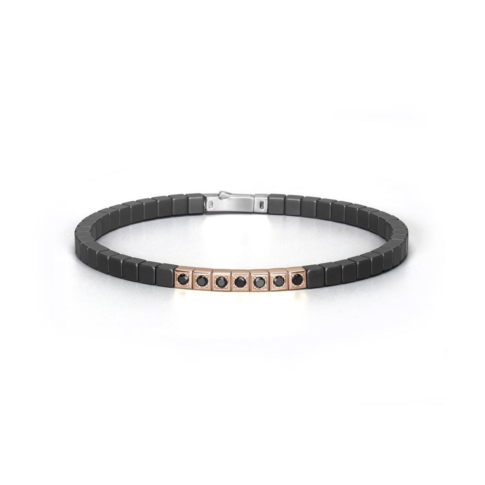 Barakà - Bracciale in oro rosa, ceramica nera e acciaio con diamanti neri