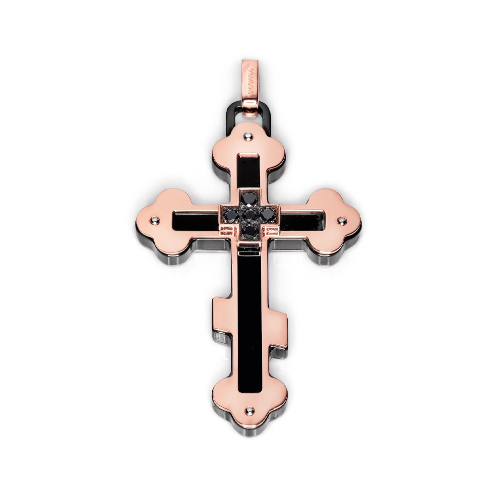 Barakà - Croce In Oro Rosa, Ceramica Nera E Diamanti Neri