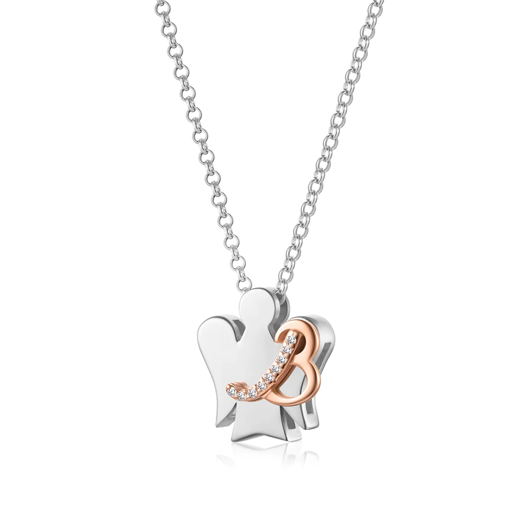 Roberto Giannotti - Collana in argento con angelo, lettera B in argento rosato e zirconi bianchi