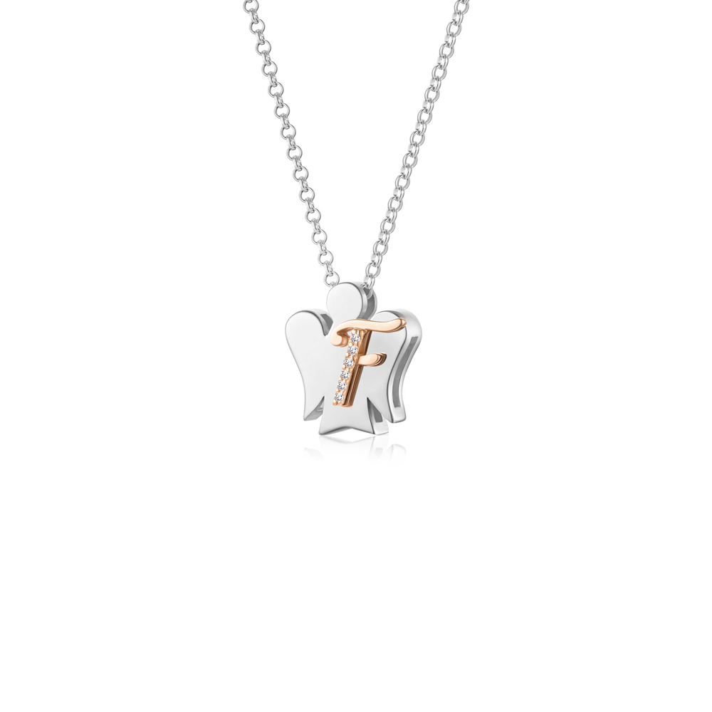 Roberto Giannotti - Collana In Argento Con Angelo, Lettera F In Argento Rosato E Zirconi Bianchi