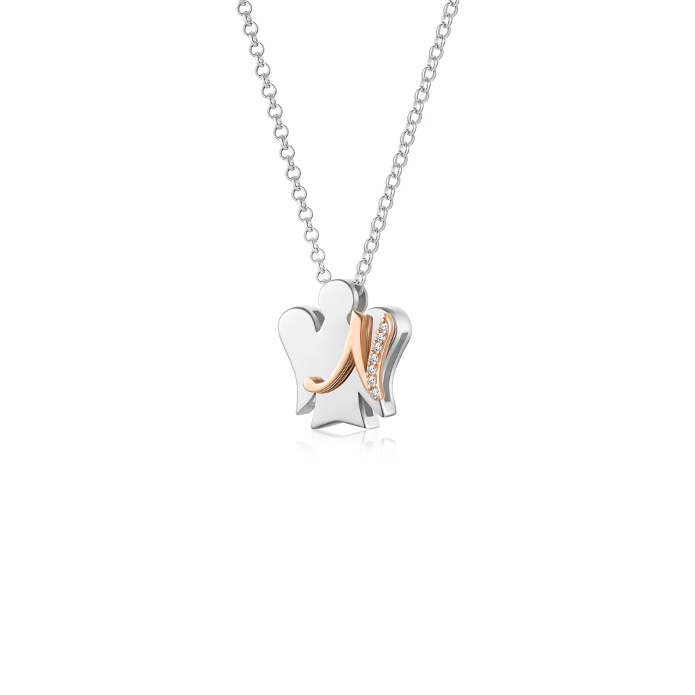 Roberto Giannotti - Collana In Argento Con Angelo, Lettera N In Argento Rosato E Zirconi Bianchi