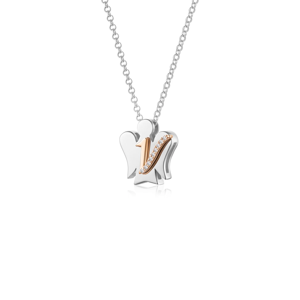 Roberto Giannotti - Collana In Argento Con Angelo, Lettera V In Argento Rosato E Zirconi Bianchi