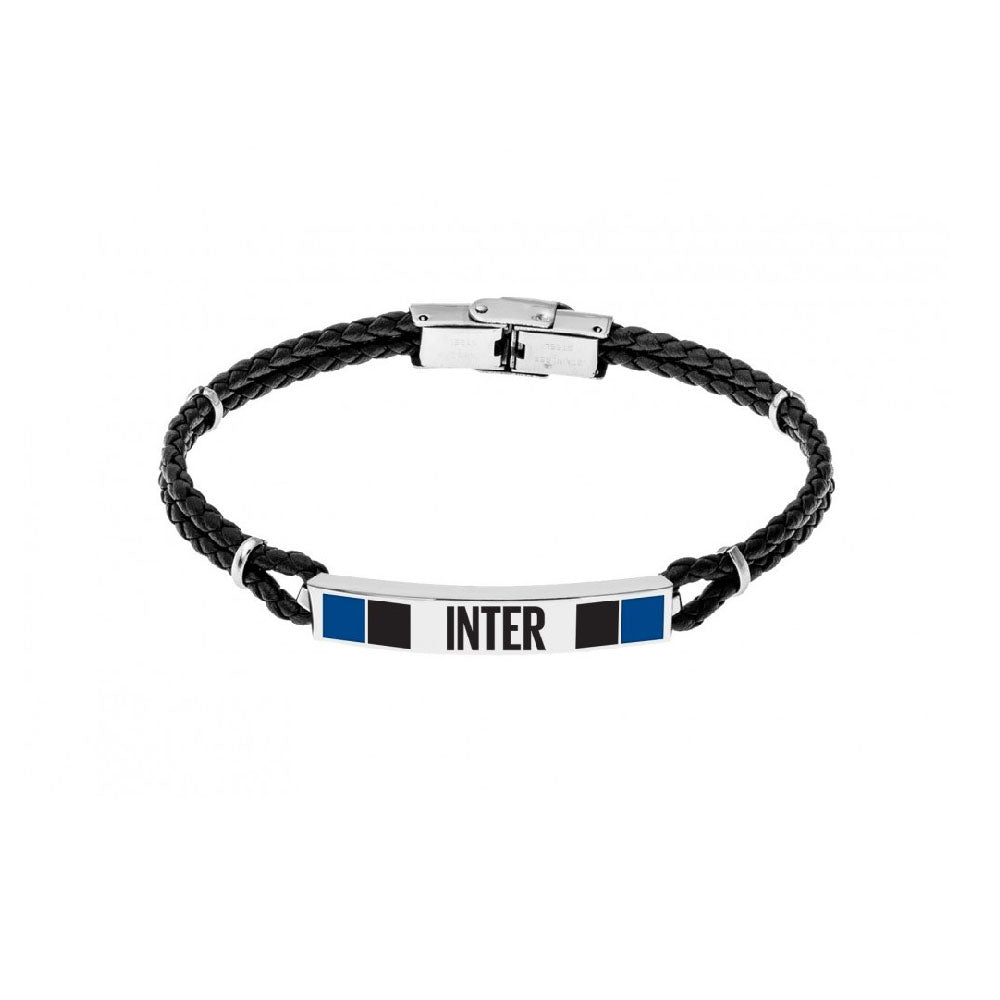 Fc Internazionale - Bracciale Ufficiale Inter In Cuoio Con Piastra In Acciaio 316L E Smalto