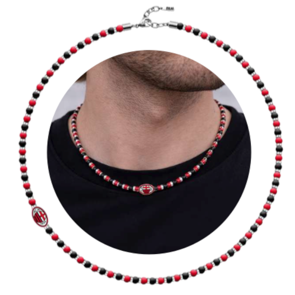 AC Milan - Collana ufficiale in acciaio 316 L con logo smaltato e pietre naturali