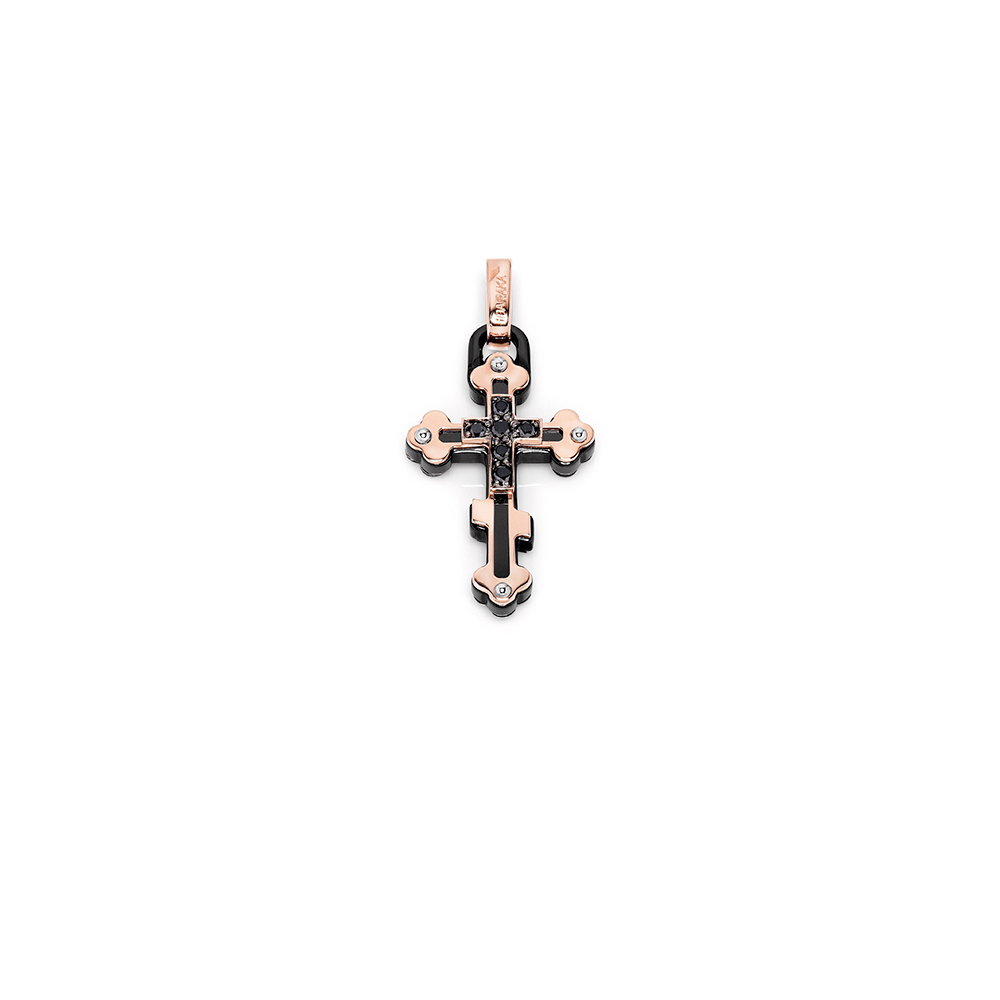 Barakà - Pendente Croce in oro rosa, oro bianco e ceramica nera con diamanti neri