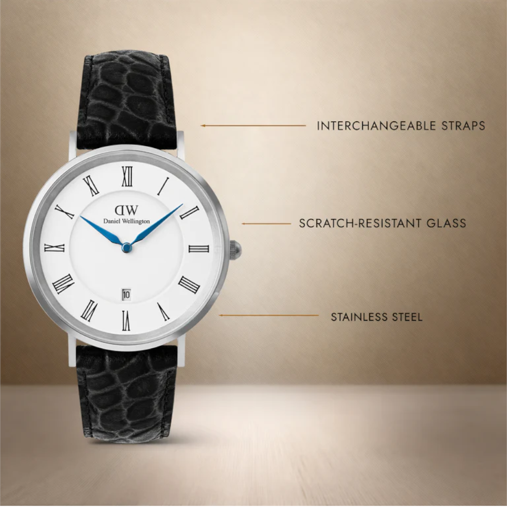 Daniel Wellington - Orologio solo tempo al quarzo Classic Roman Numerals Date Black Croc Belly Silver | 40mm