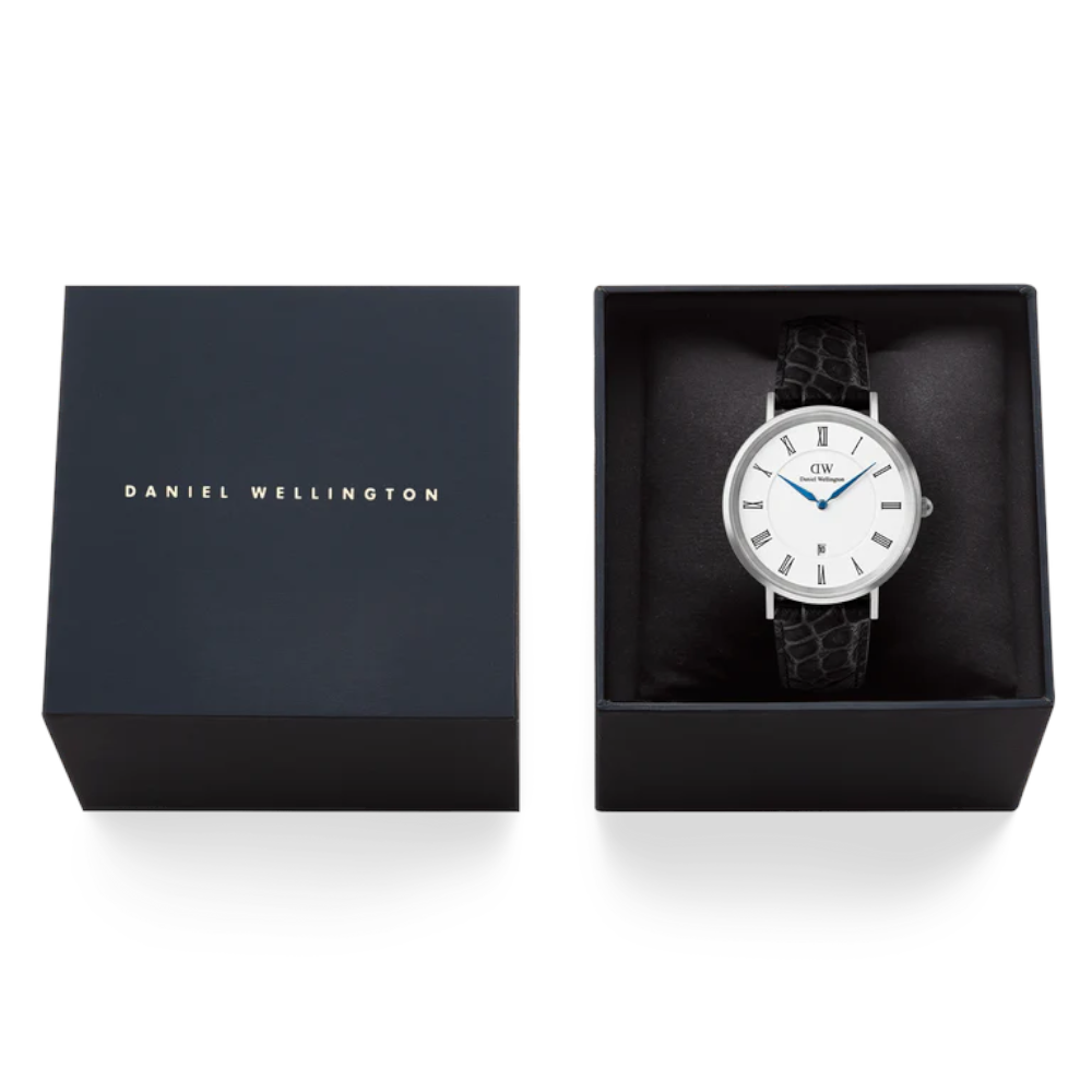 Daniel Wellington - Orologio solo tempo al quarzo Classic Roman Numerals Date Black Croc Belly Silver | 40mm