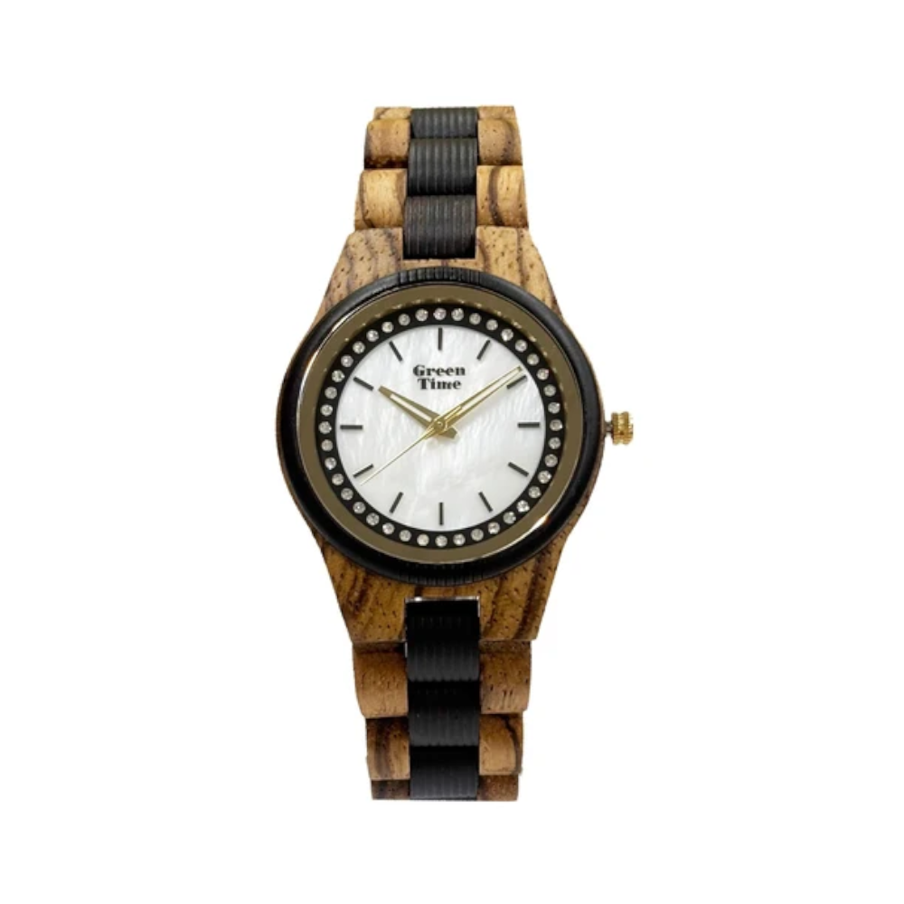 Green Time - Orologio Top 25 solo tempo al quarzo  in legno di zebrano e ebano nero con quadrante bianco 36 mm