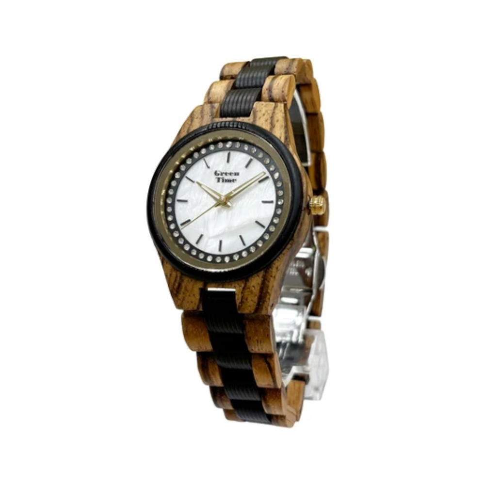 Green Time - Orologio Top 25 solo tempo al quarzo  in legno di zebrano e ebano nero con quadrante bianco 36 mm