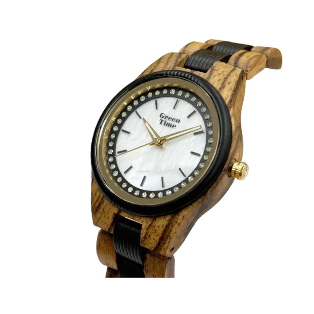 Green Time - Orologio Top 25 solo tempo al quarzo  in legno di zebrano e ebano nero con quadrante bianco 36 mm