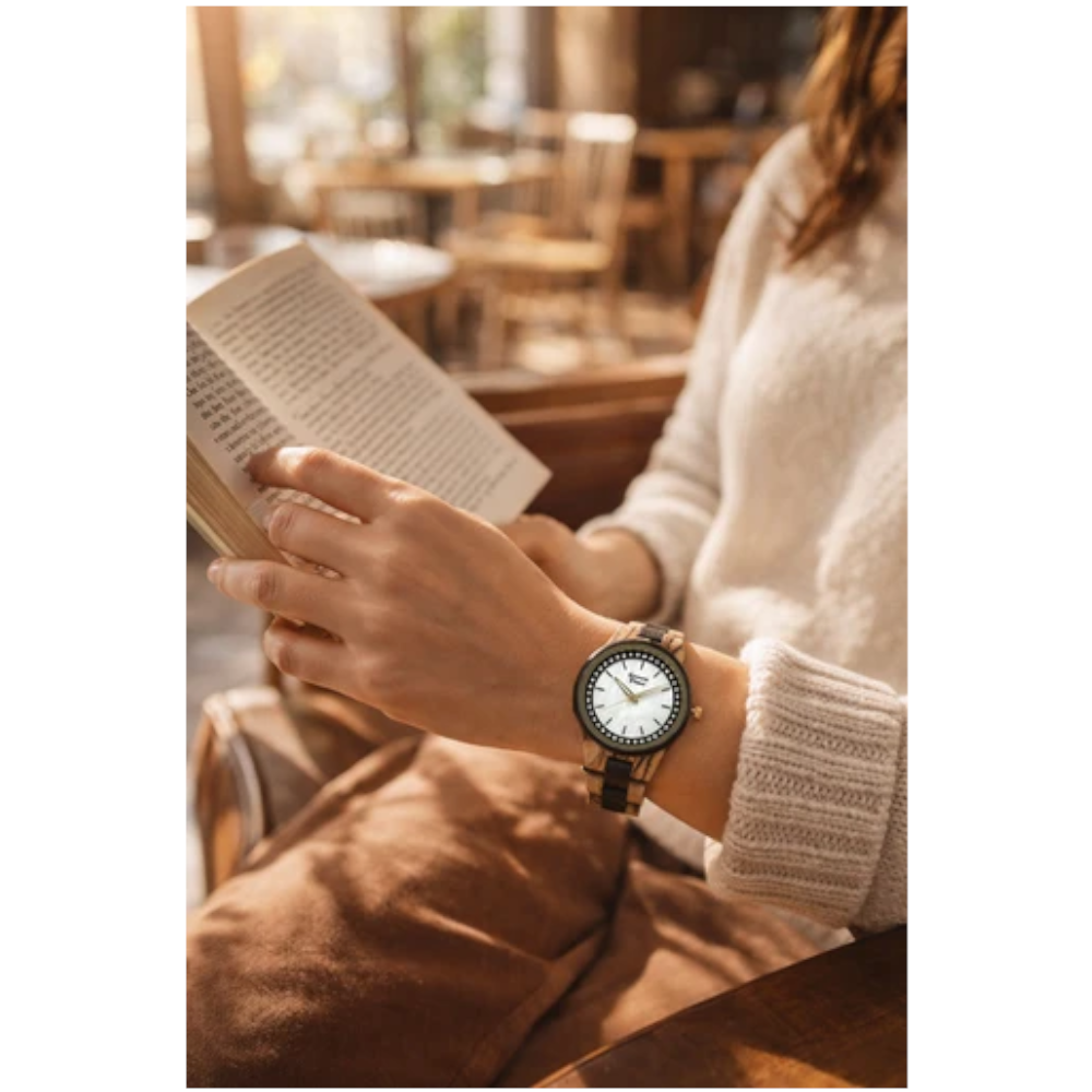Green Time - Orologio Top 25 solo tempo al quarzo  in legno di zebrano e ebano nero con quadrante bianco 36 mm