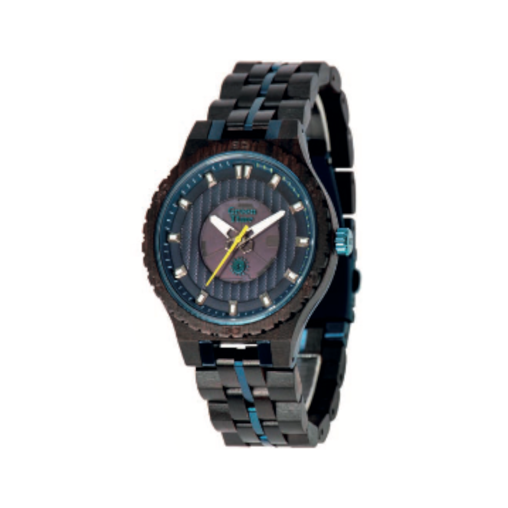 Green Time - Orologio SolarWood Technical Collection solo tempo al quarzo in Ipblue e legno di ebano 43 mm