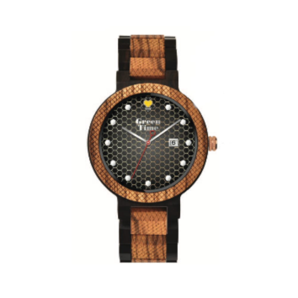 Green Time - Orologio Basic Collection solo tempo al quarzo con datario in legno di zebrano e sandalo 44 mm