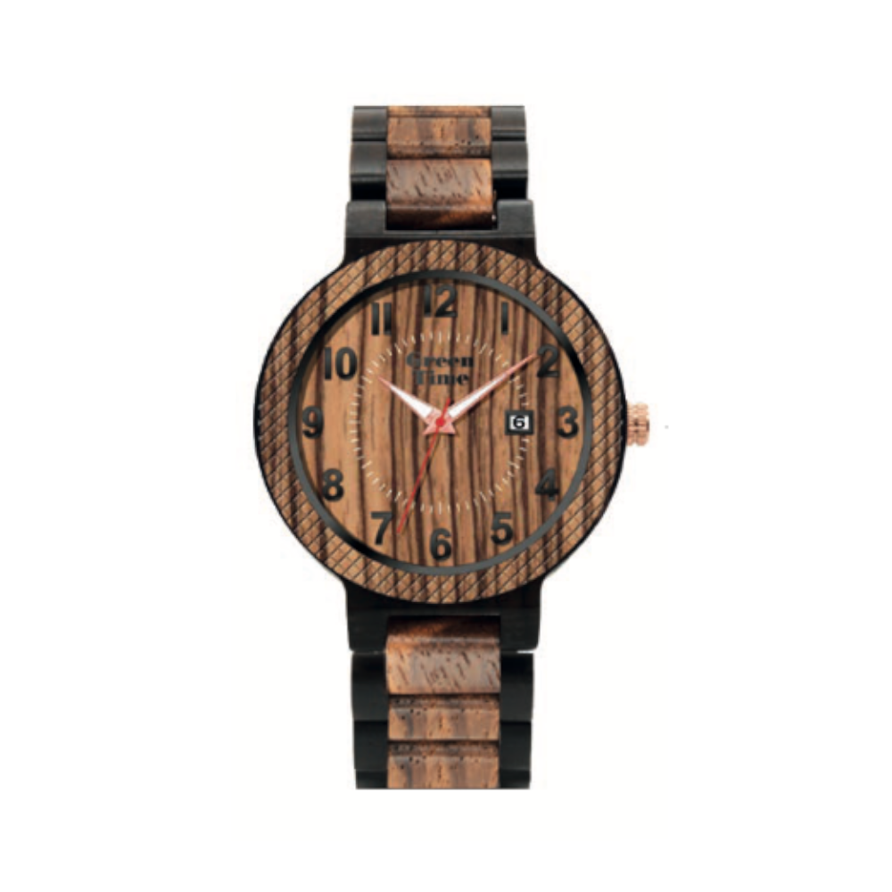 Green Time - Orologio Basic Collection solo tempo al quarzo con datario in legno di zebrano e ebano 44 mm