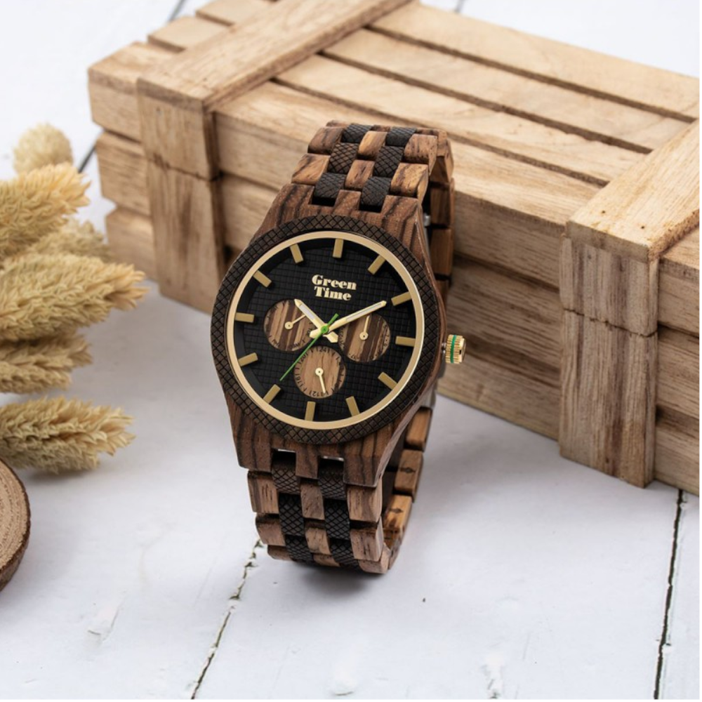 Green Time - Orologio Basic Collection al quarzo in legno di zebrano e sandalo 42 mm