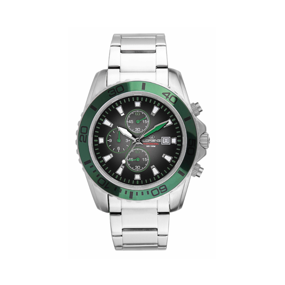 Lorenz - Cronografo subacqueo 100m nero con ghiera verde al quarzo | 46,5 mm