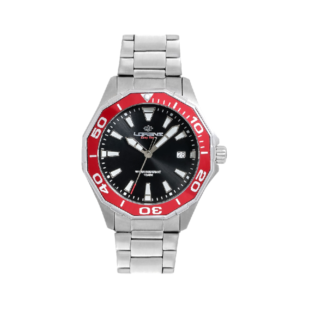 Lorenz - Orologio solo tempo Easy Time Sport nero con ghiera rossa al quarzo | 36mm