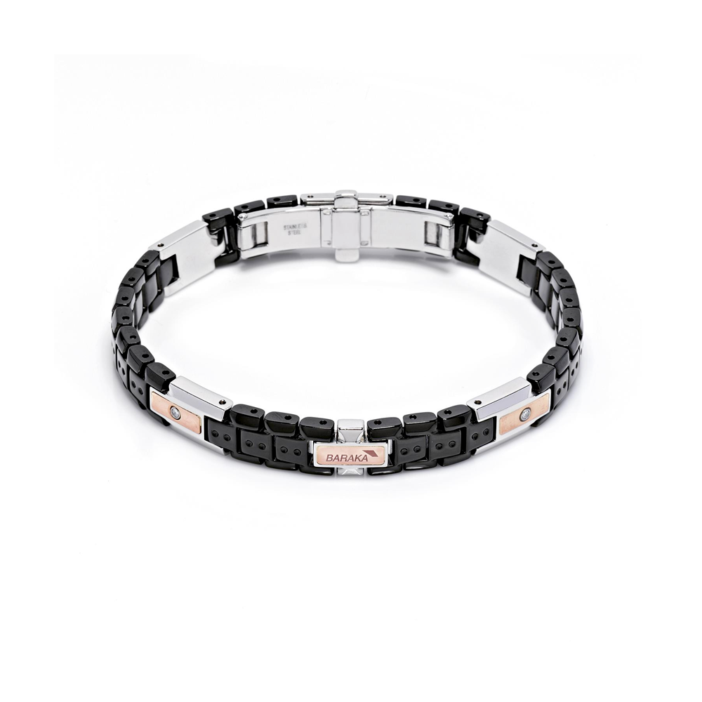 Barakà - Bracciale in acciaio, PVD nero e oro rosa con diamanti bianchi | 20cm