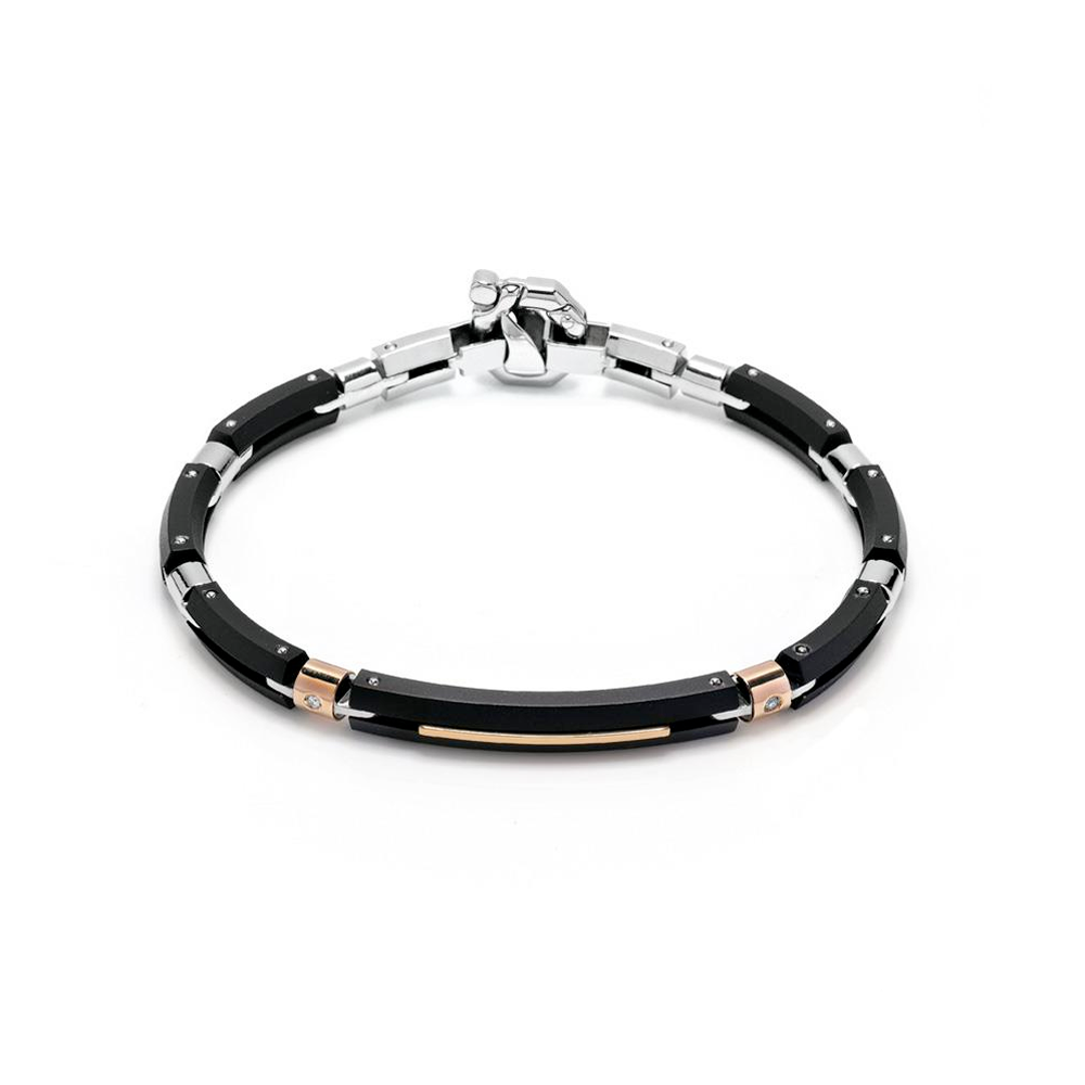 Barakà - Bracciale in acciaio, PVD nero e oro rosa con diamanti | 21cm