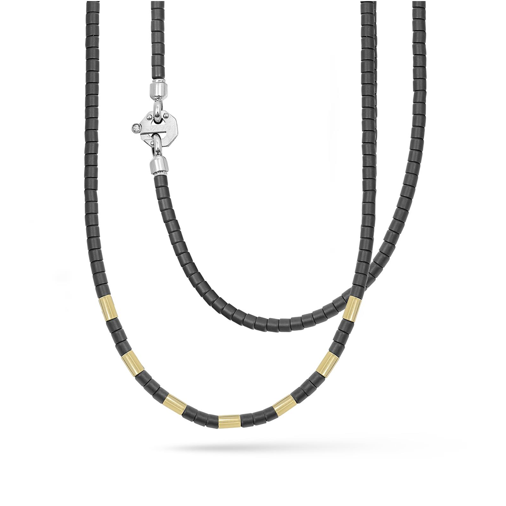Barakà - Collana in acciaio, cordino nautico, ceramica nera e oro giallo | 50cm