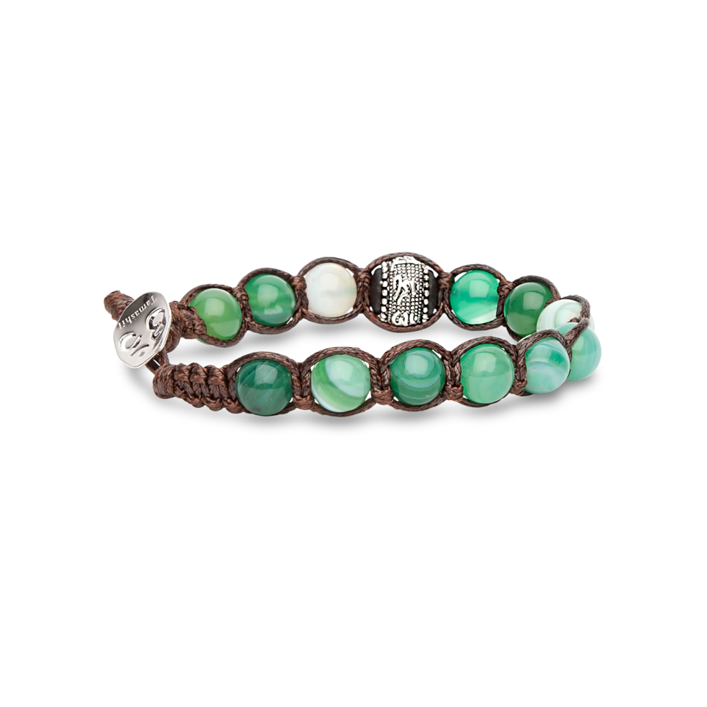 Tamashii - Bracciale "Ruota della Preghiera" con agata verde striata e inserti in argento