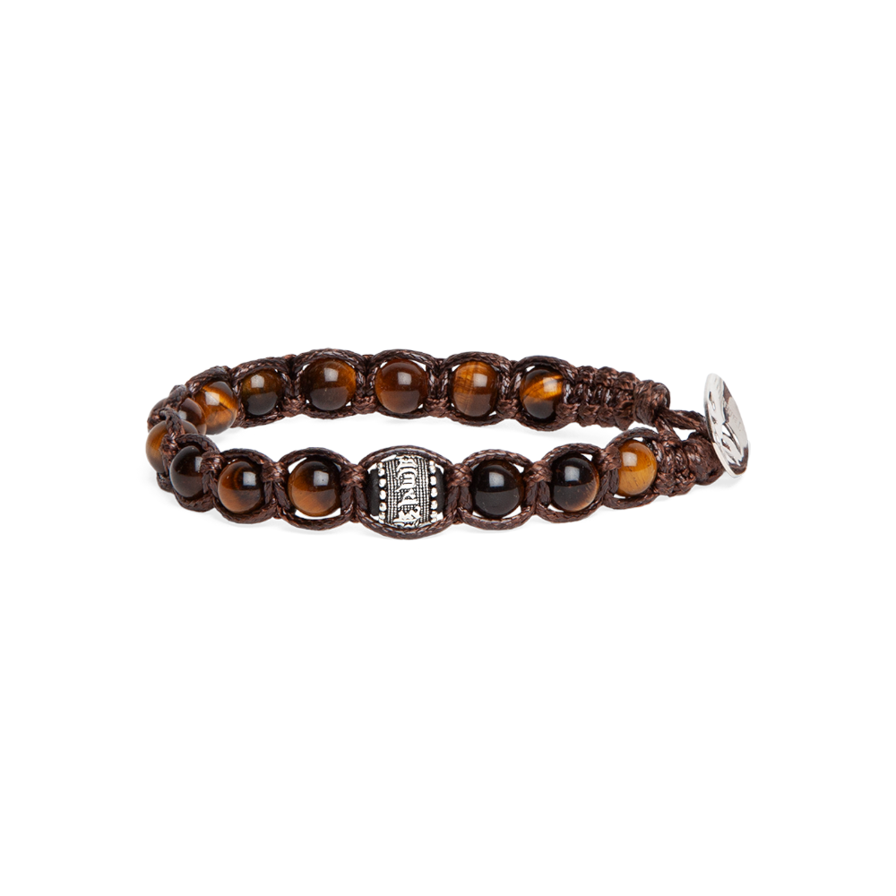 Tamashii - Bracciale "Ruota della Preghiera" con Occhio di Tigre marrone e inserti in argento 6 mm