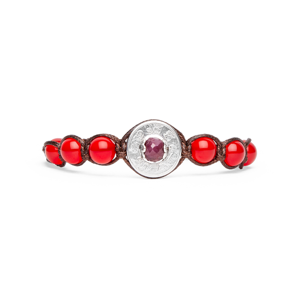 Tamashii - Bracciale "Ruota della Preghiera - Precious" con rubino naturale, agata rosso passione e inserto in argento