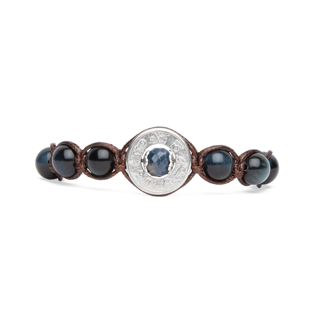 Tamashii - Bracciale "Ruota della Preghiera - Precious" con zaffino naturale, Occhio di Falco e inserto in argento