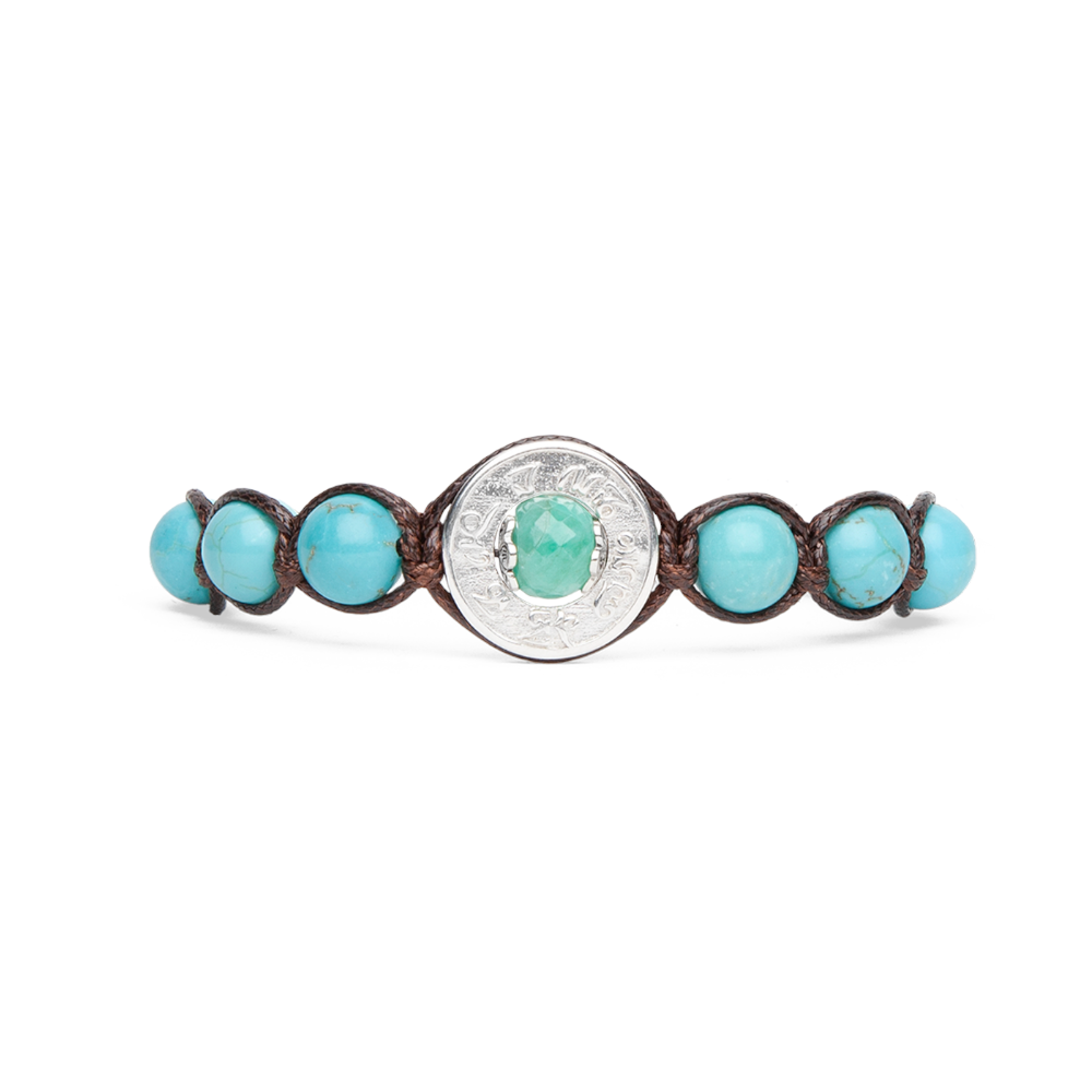 Tamashii - Bracciale "Ruota della Preghiera - Precious" con smeraldo naturale, turchese e inserto in argento