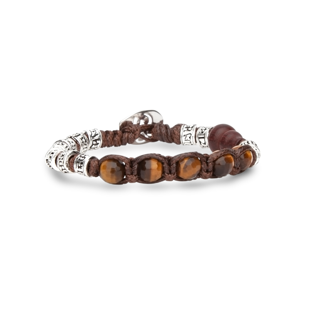 Tamashii - Bracciale "Ruota della Preghiera" con Occhio di Tigre marrone multisfaccettato e inserti in argento