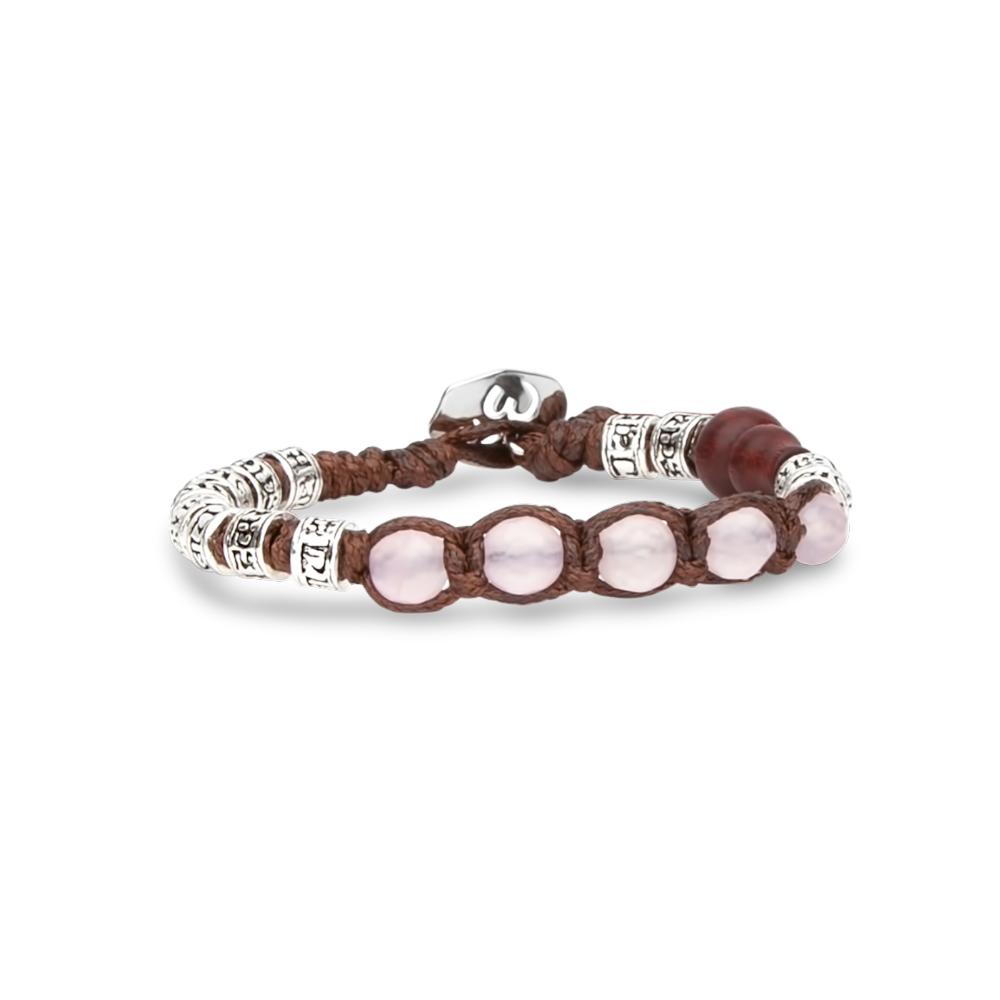 Tamashii - Bracciale "Ruota della Preghiera" con quarzo rosa multisfaccettato e inserti in argento