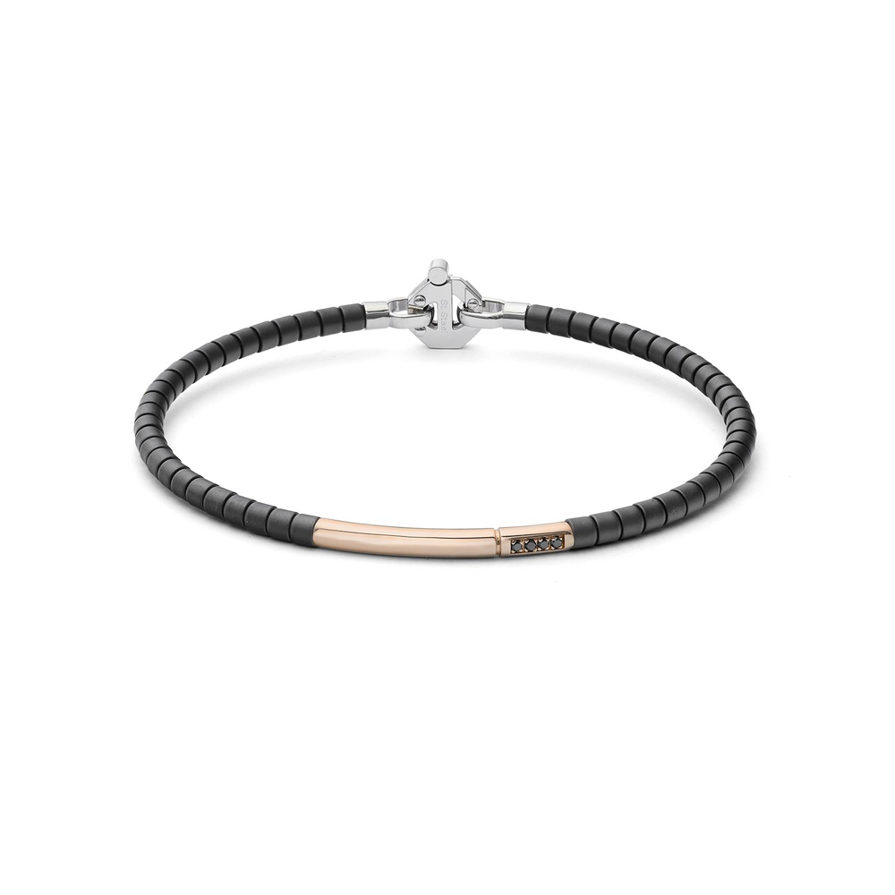 Barakà - Bracciale in acciaio, ceramica nera e oro rosa con diamanti neri