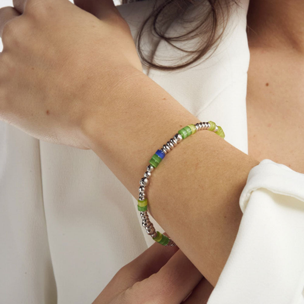 Unoaerre - Bracciale In Argento 925 Rodiato Con Sfere Lucide Martellate E Perline