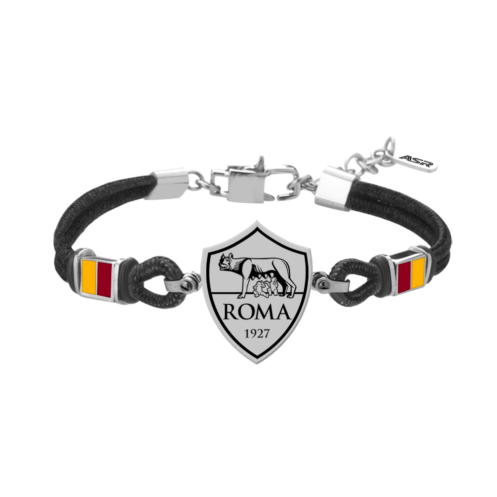 AS ROMA - BRACCIALE UFFICIALE ROMA IN CORDINO CON PIASTRA LUPA IN ACCIAIO 316L CON SMALTO