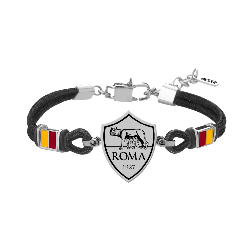 As Roma - Bracciale Ufficiale Roma In Cordino Con Piastra Lupa In Acciaio 316L Con Smalto