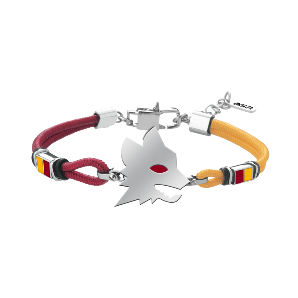 AS ROMA - BRACCIALE UFFICIALE ROMA IN CORDINO CON PIASTRA LUPA IN ACCIAIO 316L CON SMALTO