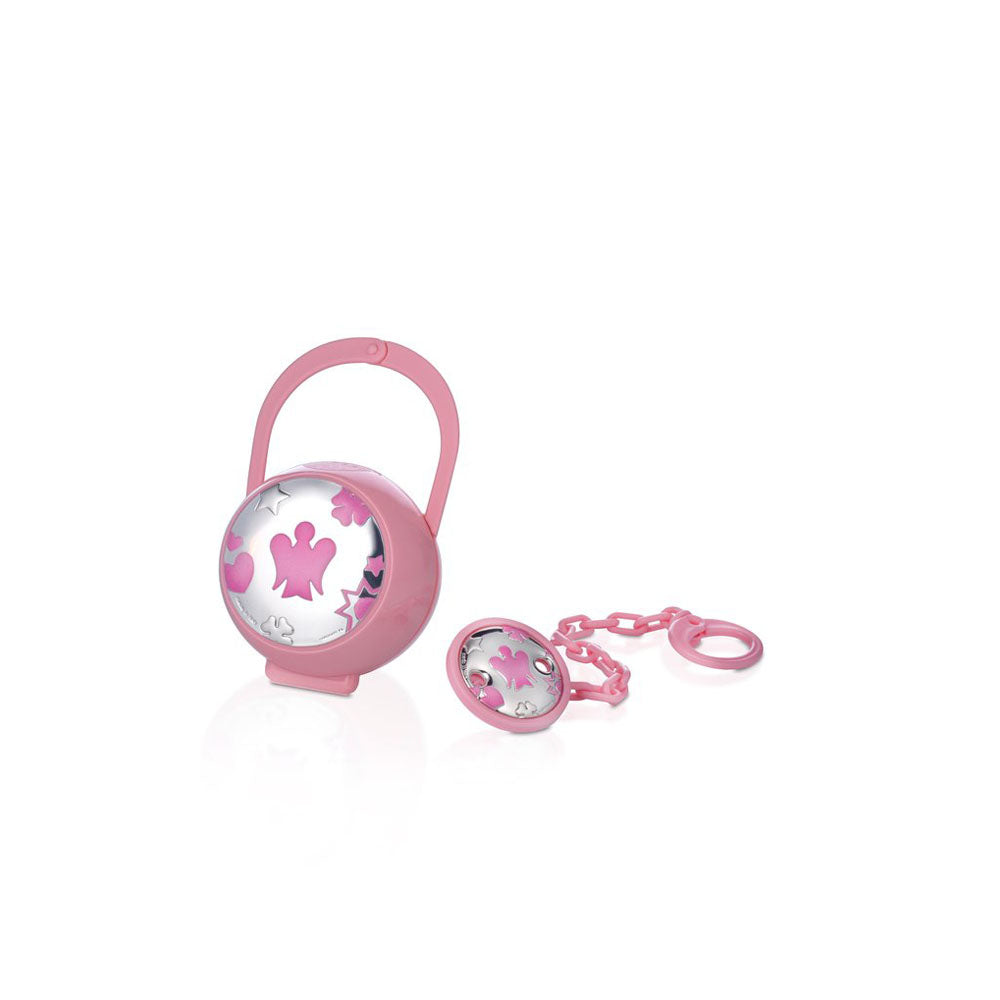 Roberto Giannotti - Set Pinza E Porta Ciuccio Bimba In Plastica Rosa Con Placca In Argento Bilaminato Con Angelo, Quadrifoglio, Cuore, Stella E Sole Smaltati In Rosa