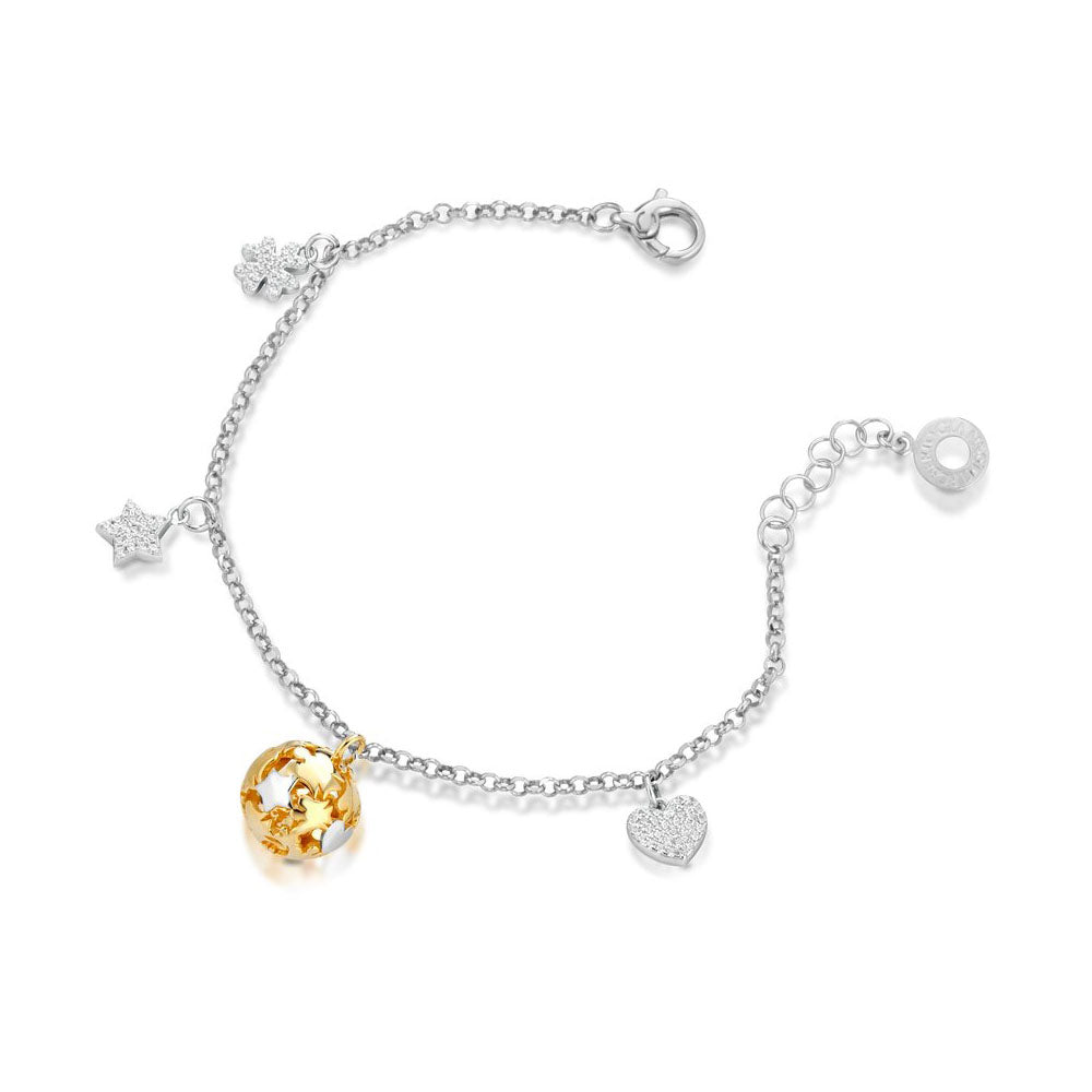 Roberto Giannotti - Bracciale Chiama Angeli In Argento Bianco E Giallo Con Cuore, Stella, Quadrifoglio E Zirconi