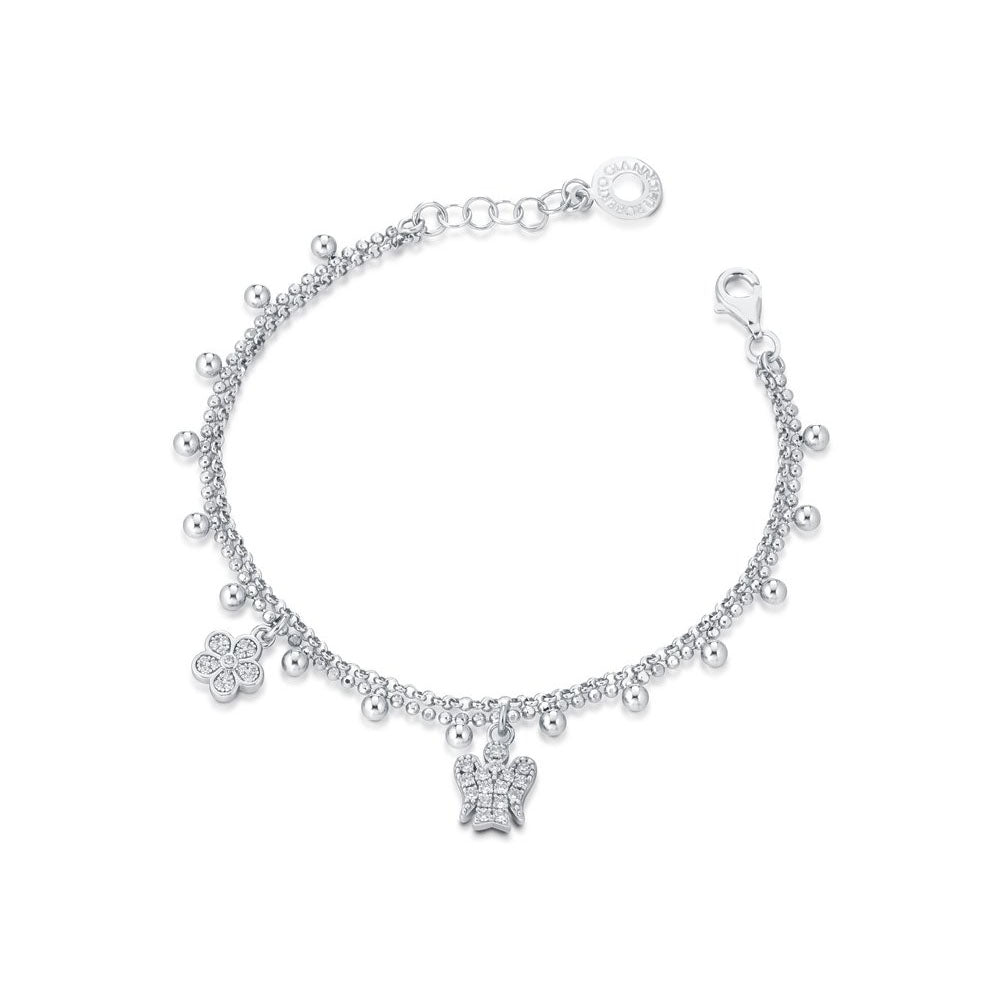 Roberto Giannotti - Bracciale A Doppia Catena Con Angelo E Fiore Charms In Argento E Zirconi