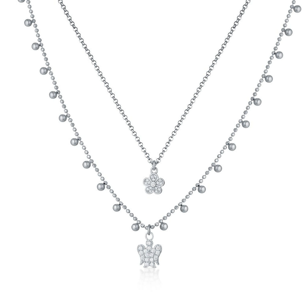 Roberto Giannotti - Collana A Doppia Catena Con Angelo E Fiore Charms In Argento E Zirconi