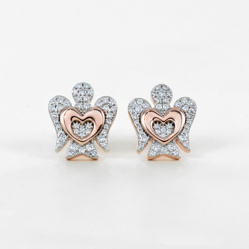 Roberto Giannotti - Orecchini Con Angelo In Argento Rosato, Con Cuore E Zirconi Bianchi