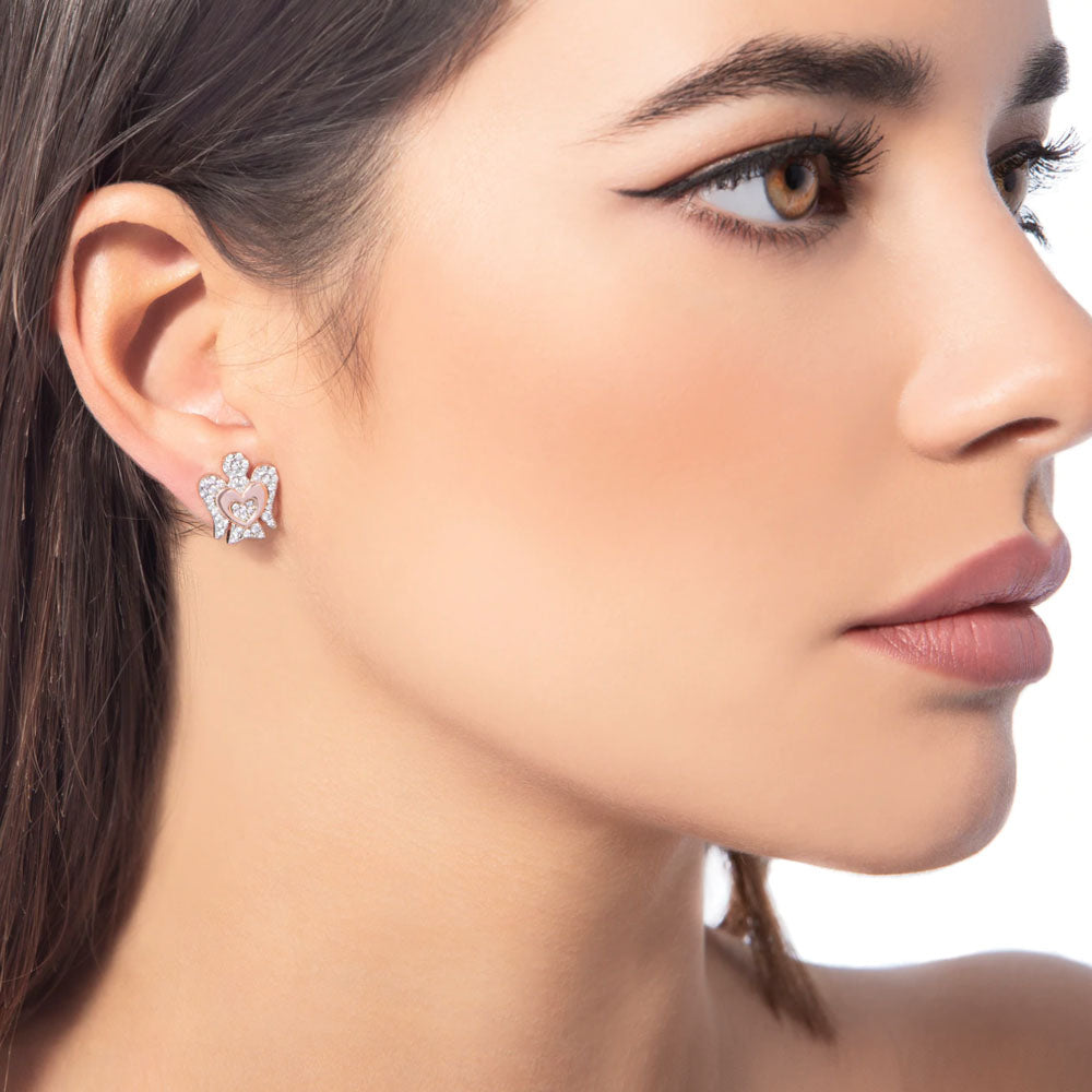 Roberto Giannotti - Orecchini Con Angelo In Argento Rosato, Con Cuore E Zirconi Bianchi